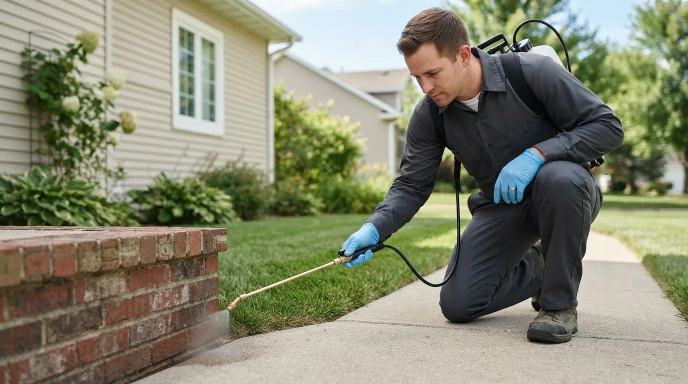 Pest control technician treating a home near Broadbent, OR